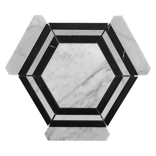 Carrara White Italian Marble Georama Hexagon with Nero Marquina Black Strips Mosaic Tile Honed