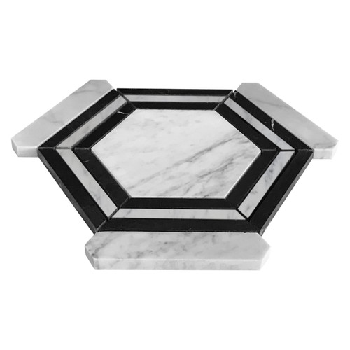 Carrara White Italian Polished Marble Georama Hexagon with Nero Marquina Black Strips Mosaic Tile