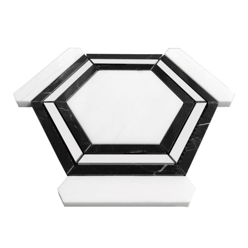 Bianco Dolomite Honed Marble Georama Hexagon with Nero Marquina Black Strips Mosaic Tile