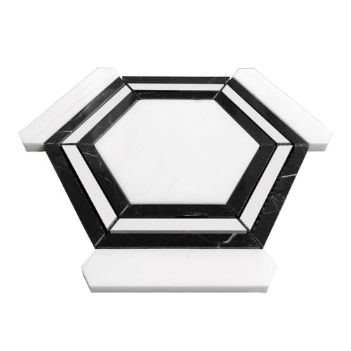 Bianco Dolomite Honed Marble Hexagon with Nero Marquina Black Strips Mosaic Tile Sample