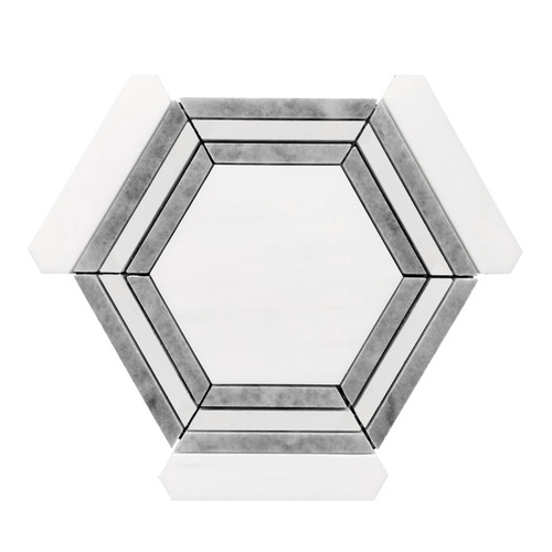 Bianco Dolomite Marble Hexagon with Bardiglio Gray Strips Mosaic Tile Honed Sample