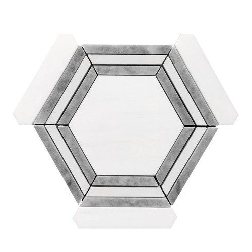 Bianco Dolomite Marble Hexagon with Bardiglio Gray Strips Mosaic Tile Polished Sample