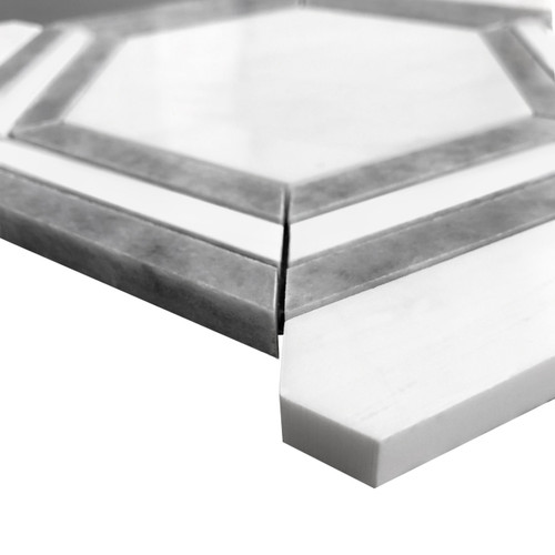 Bianco Dolomite Marble Hexagon with Bardiglio Gray Strips Polished Mosaic Tile Sample