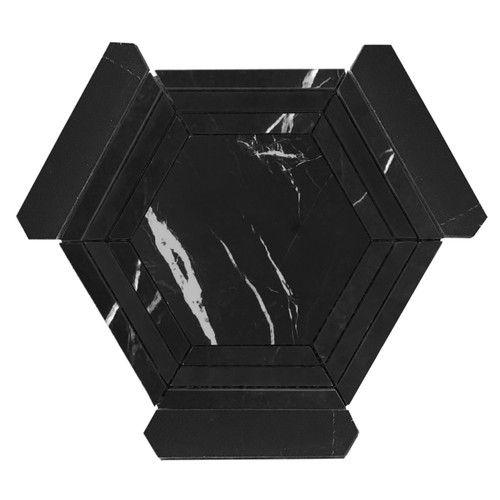 Nero Marquina Black Marble Hexagon with Black Strips Mosaic Tile Polished Sample