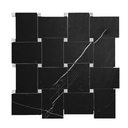 Nero Marquina Black Marble Large Basketweave with Bianco Dolomite Dots Mosaic Tile Polished