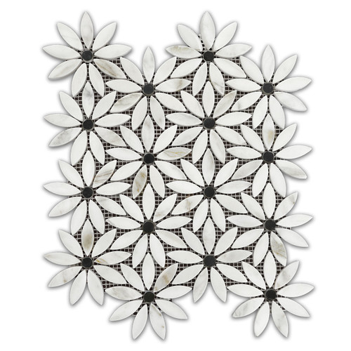 Calacatta Gold Italian Marble with Black Accent Daisy Flower Waterjet Mosaic Tile Honed