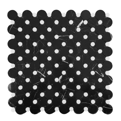 Nero Marquina Black Marble Penny Circles Mosaic Tile with Dolomite Honed