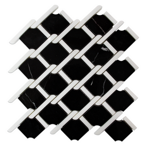 Nero Marquina Black Marble Rope Design with Bianco Dolomite White Strips Mosaic Tile Honed