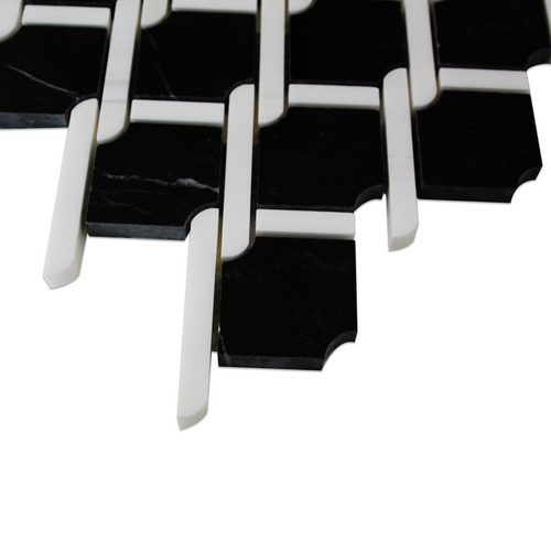 Nero Marquina Black Marble Rope Design with Bianco Dolomite White Strips Honed Mosaic Tile Sample
