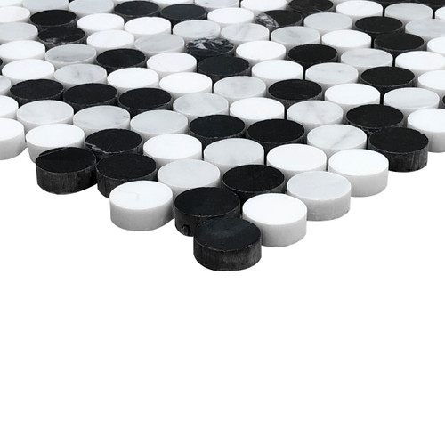 Carrara White Marble Penny Round Mixed Honed Mosaic Tile w/ Black and Dolomite Dots Sample
