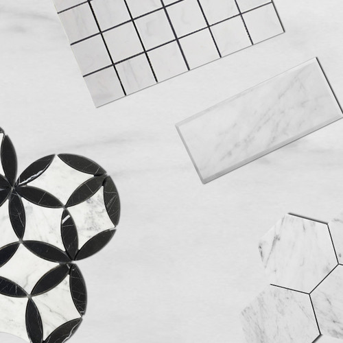 White Carrara with Nero Marquina Black  Leafs La Fleur Marble Mosaic Waterjet Tile Honed Combination