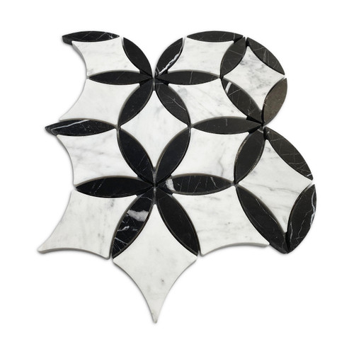 White Carrara with Nero Marquina Black Leafs La Fleur Mosaic Waterjet Tile Polished