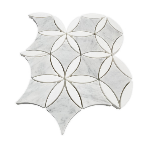 White Carrara with Bianco Dolomite Leafs La Fleur Mosaic Waterjet Tile Polished