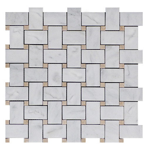 Italian White Carrera Marble Bianco Carrara Basketweave Mosaic Tile with Crema Marfil Dots Polished