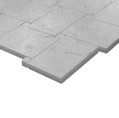 Polished Carrara White Italian Marble Large Basketweave Mosaic Tile with Carrara White Dots