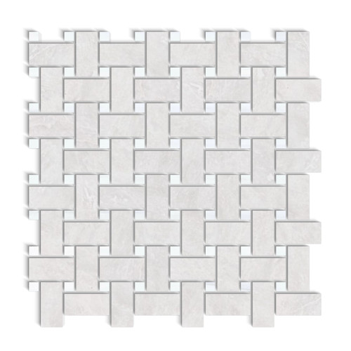 Iceberg White Marble Basketweave Mosaic Tile with Dolomite Dots Honed