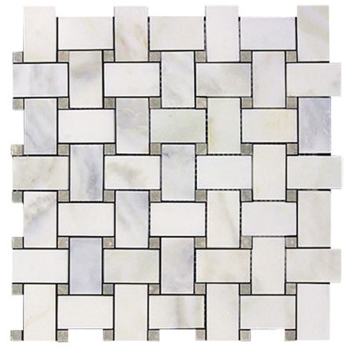 Calacatta Gold Italian Marble Basketweave Mosaic Tile with Pistachio Green Dots Honed