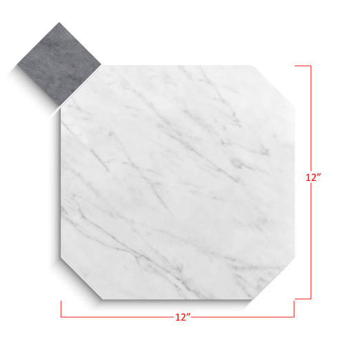 Carrara White Italian Marble 12" Octagon with Bardiglio Dots Mosaic Tile Honed