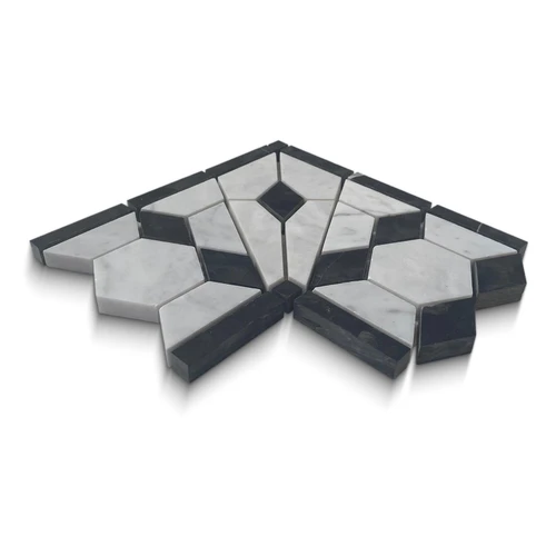 White Carrara Marble Mosaic Border Corner 2" Hexagon with Black Diamond Honed