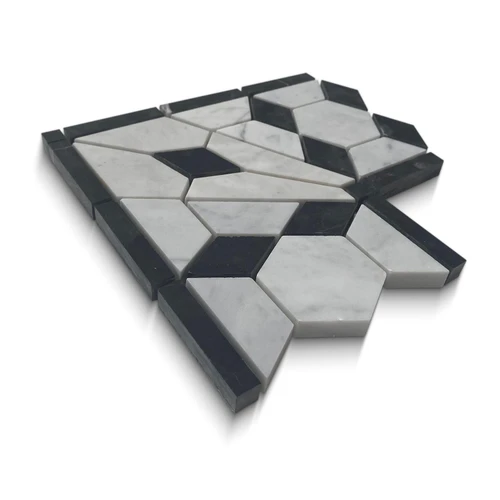 Border Corner 2" Hexagon White Carrara Marble Mosaic with Black Diamond Honed