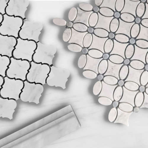 White Carrara May Flower Mosaic Tile with Bardiglio Gray Penny Polished