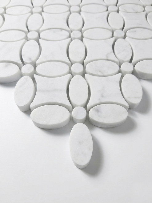 May Flower White Carrara Marble Mosaic Tile with White Carrara Penny Honed
