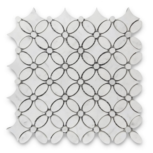 White Carrara Marble May Flower Mosaic Tile with White Carrara Penny Polished