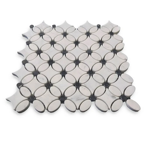 Polished White Carrara Flower Mosaic Tile with Black Penny