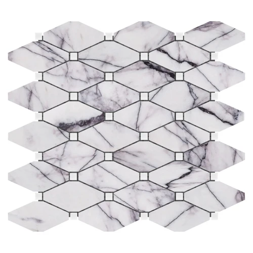 Lilac Marble Long Octagon Rhomboid Mosaic Tile with Bianco Dolomite Dots Honed