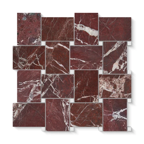 Rosso Levanto Marble Large Basketweave Mosaic Tile with Dolomite Dots Polished