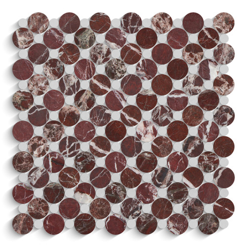 Rosso Levanto Marble Penny Circles Mosaic Tile with Dolomite Circles Honed