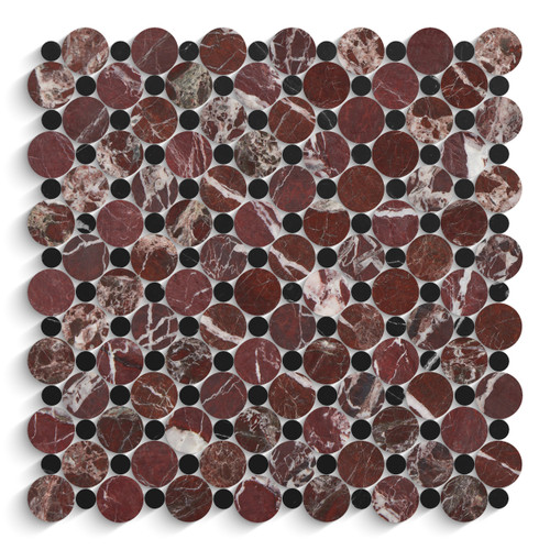 Rosso Levanto Marble Penny Circles Mosaic Tile with Black Circles Honed