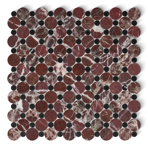 Rosso Levanto Marble Penny Circles Mosaic Tile with Black Circles Polished