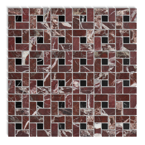 Rosso Levanto Marble Target Pinwheel Mosaic Tile with Black Dots Polished