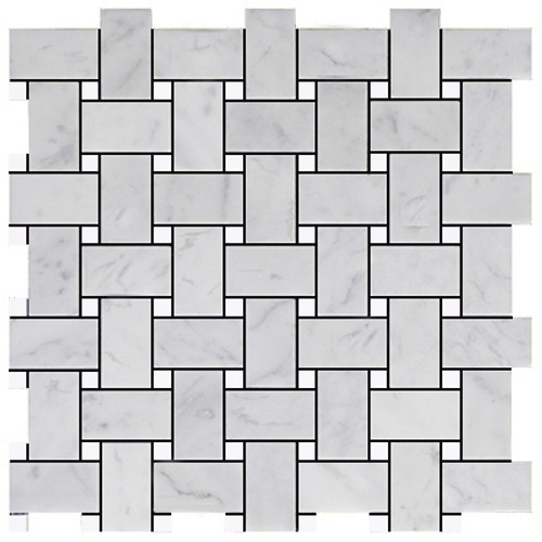 Italian White Carrera Marble Bianco Carrara Basketweave Mosaic Tile with White Dolomite Dots Polished