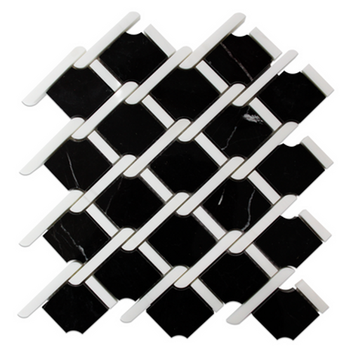 Nero Marquina Black Marble Rope Design with Bianco Dolomite White Strips Mosaic Tile Polished