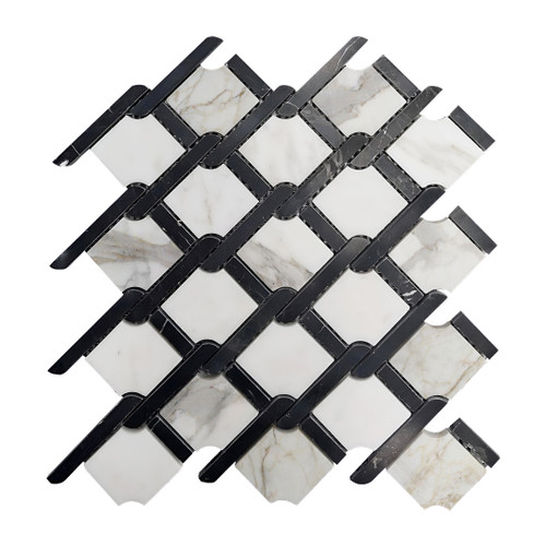 Calacatta Gold Marble Rope Design with Nero Marquina Black Strips Mosaic Tile Honed
