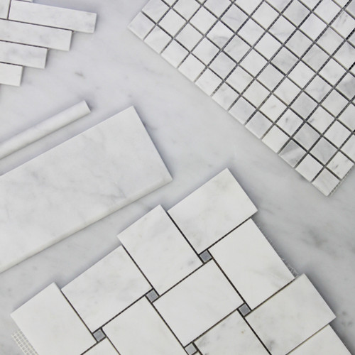 Carrara White Italian Marble Large Basketweave Mosaic Tile with Bardiglio Gray Dots Polished Combination
