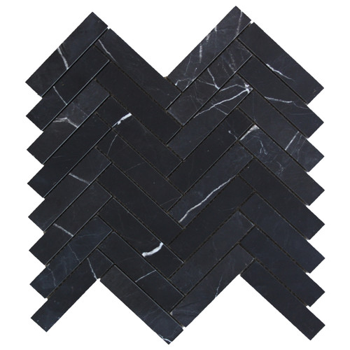 Nero Marquina Black Marble 1" x 4" Herringbone Mosaic Tile Honed
