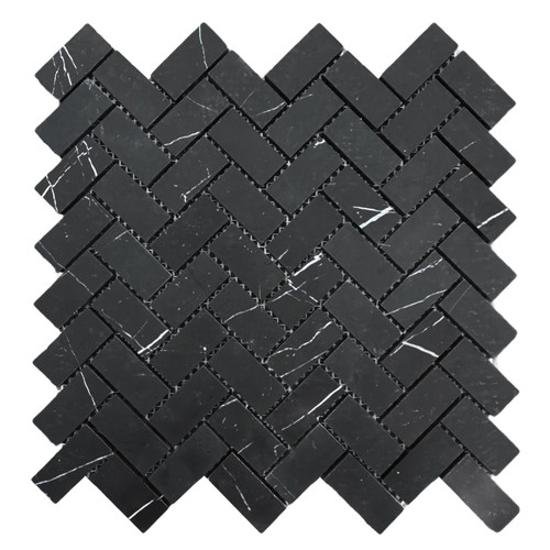 Nero Marquina Black Marble 1" x 2" Herringbone Mosaic Tile Honed