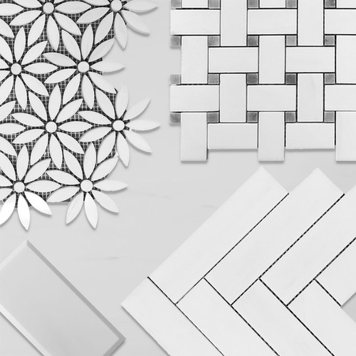 Bianco Dolomite With Bianco Dolomite Center Accent Daisy Flower Waterjet Mosaic Tile Honed Combination