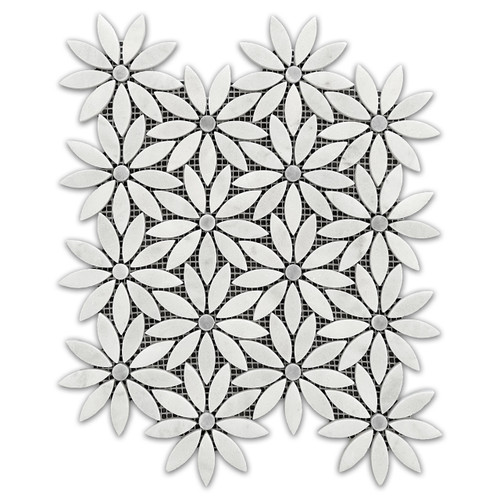 Carrara White Marble With Bardiglio Gray Center Accent Daisy Flower Waterjet Mosaic Tile Polished
