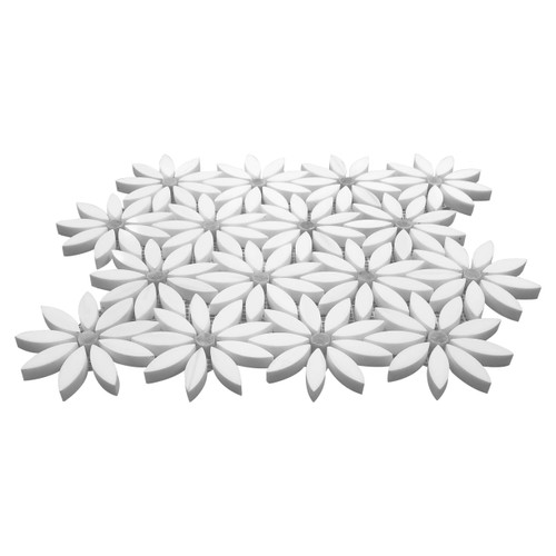 Bianco Dolomite Marble With Bardiglio Gray Accent Daisy Flower Waterjet Polished Mosaic Tile