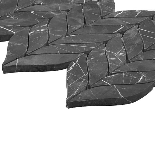 Nero Marquina Black Marble Leaf Shape Honed Mosaic Tile