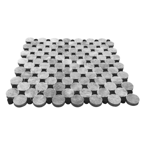 Bardiglio Gray Honed Marble Penny Circles Mosaic Tile with Nero Marquina Black Circles