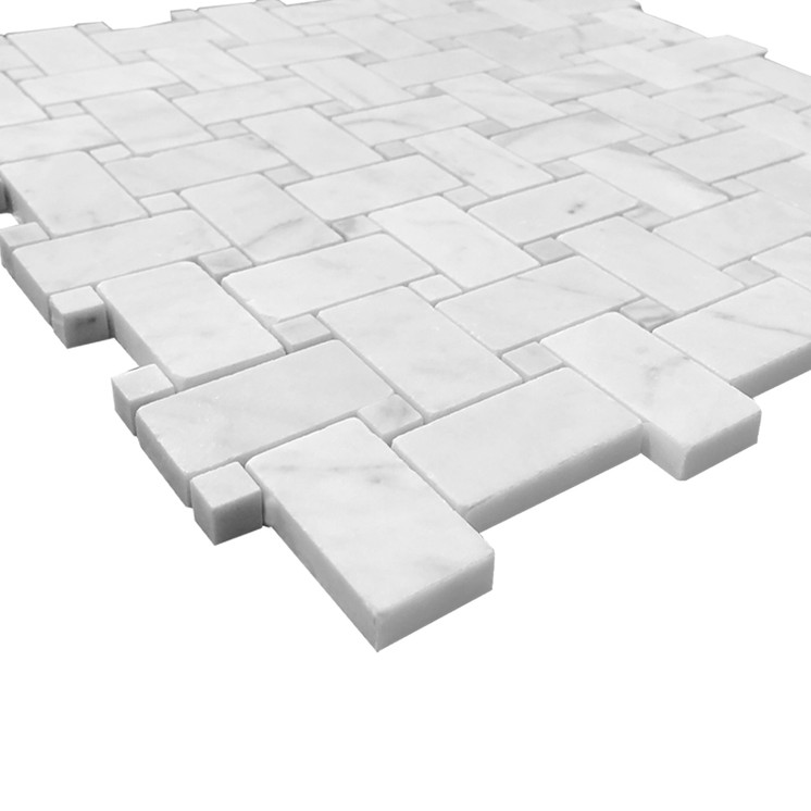 Carrara White Italian Marble Basketweave Polished Mosaic Tile with Carrara Dots Sample