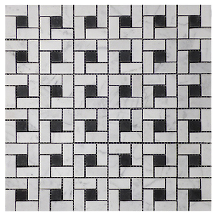 Italian White Carrera Marble Bianco Carrara Target Pinwheel Pattern Marble Mosaic Tile with Nero Marquina Black Dots Polished