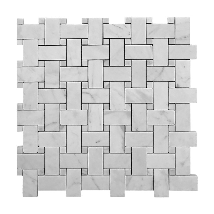 Carrara White Italian Marble Basketweave Mosaic Tile with Carrara Dots Honed Sample