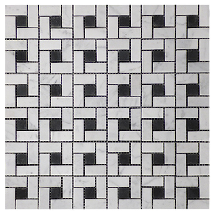 Italian White Carrera Marble Bianco Carrara Target Pinwheel Pattern Marble Mosaic Tile with Nero Marquina Black Dots Honed