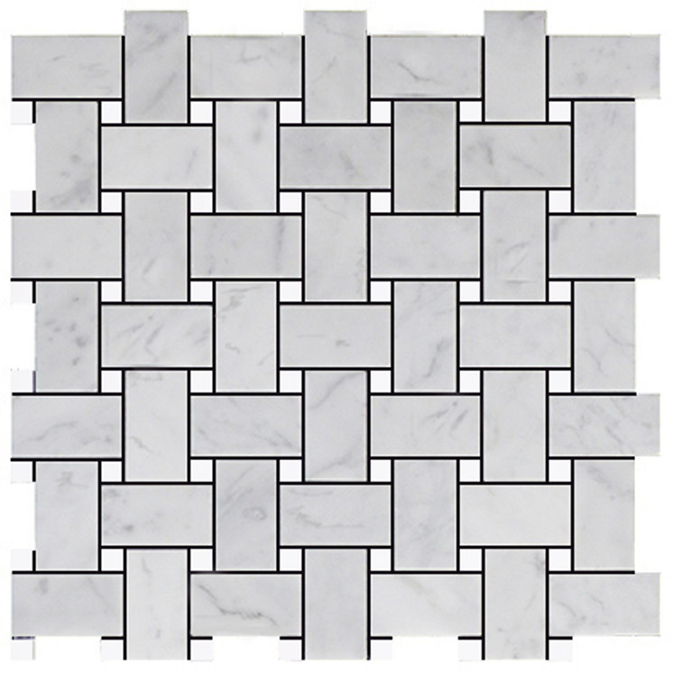 Italian White Carrera Marble Bianco Carrara Basketweave Mosaic Tile with White Dolomite Dots Polished